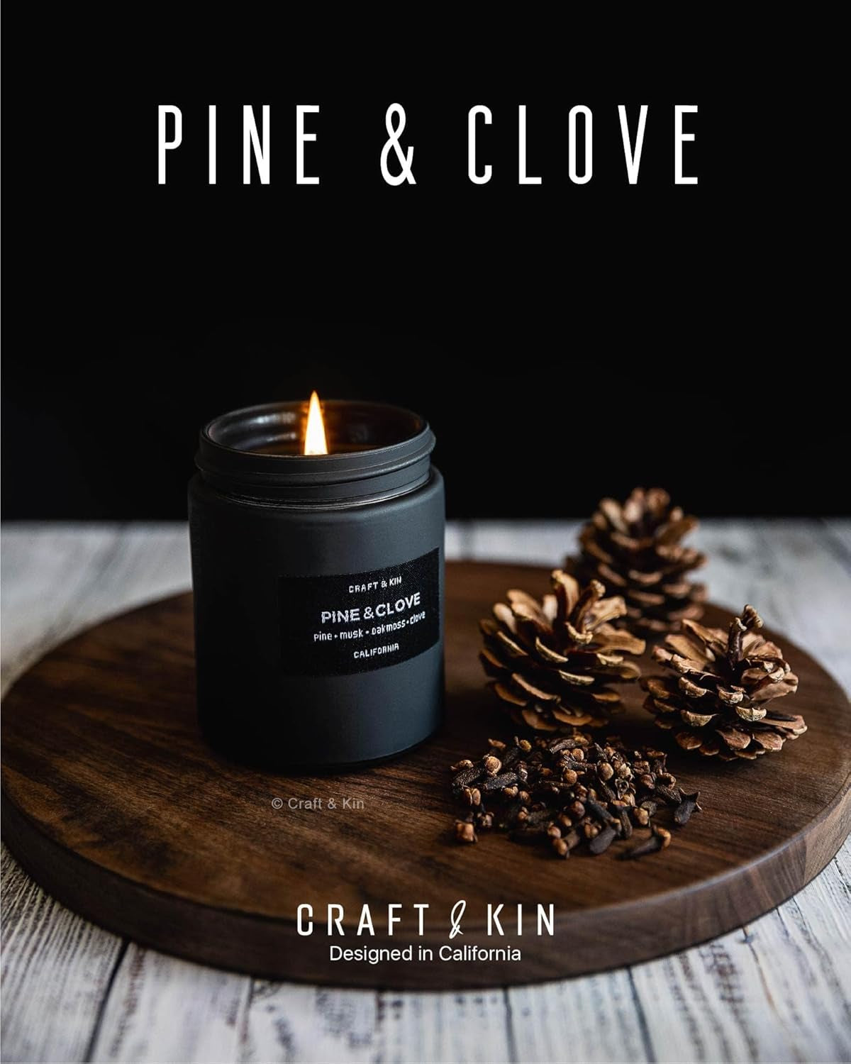 Craft & Kin Premium Pine & Clove Candle | Black Scented Candles for Home | Long Lasting with 45 Hour Burn Time, 7.6Oz | Made with Soy | Aromatherapy at Home | Gifts for Men
