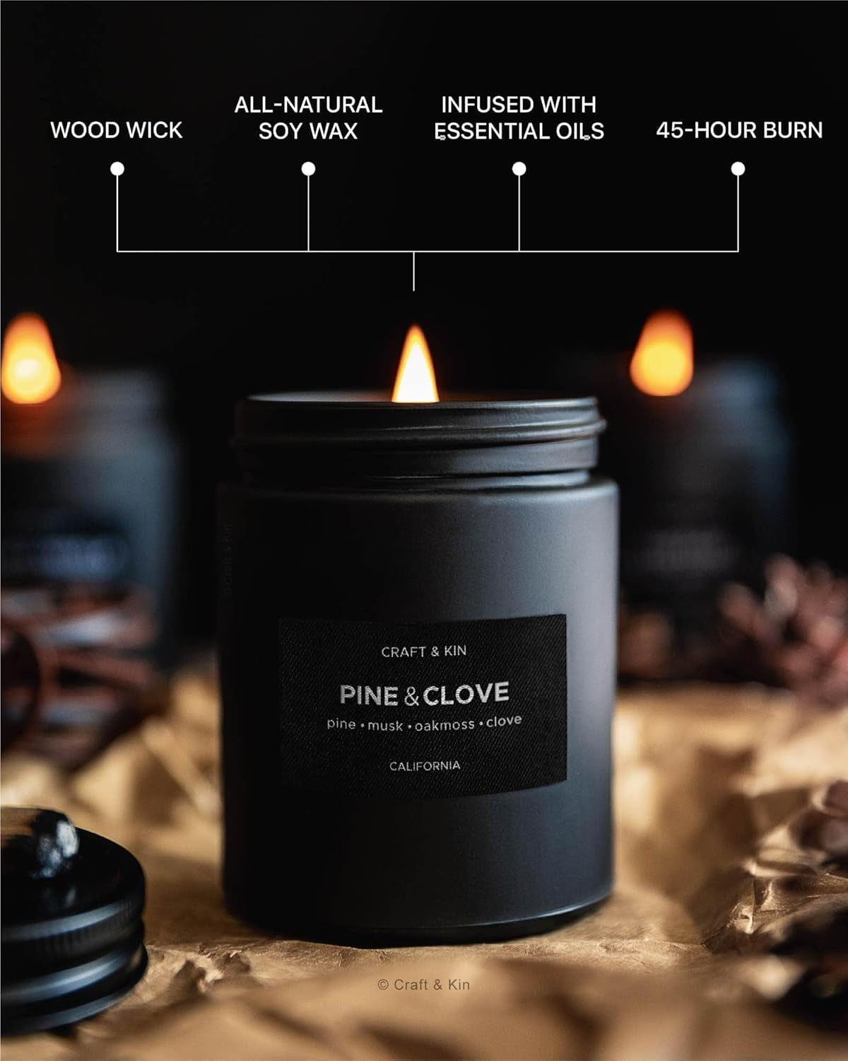 Craft & Kin Premium Pine & Clove Candle | Black Scented Candles for Home | Long Lasting with 45 Hour Burn Time, 7.6Oz | Made with Soy | Aromatherapy at Home | Gifts for Men
