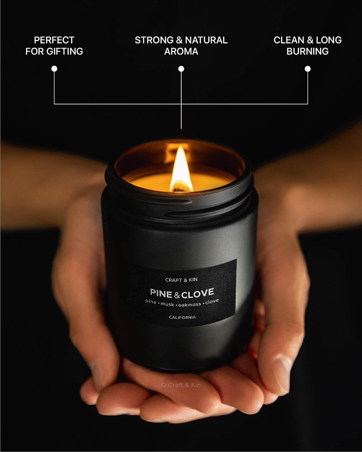 Craft & Kin Premium Pine & Clove Candle | Black Scented Candles for Home | Long Lasting with 45 Hour Burn Time, 7.6Oz | Made with Soy | Aromatherapy at Home | Gifts for Men