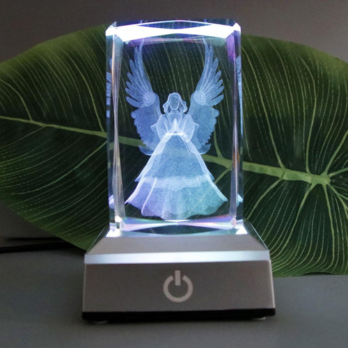 3D Laser Crystal Guardian Angel Figurine with Night Light Stand Base - 3D Engraving Crystal Angel Figurine and Statues Gift