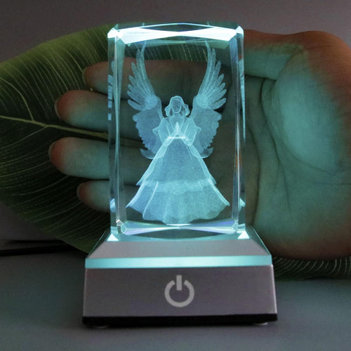 3D Laser Crystal Guardian Angel Figurine with Night Light Stand Base - 3D Engraving Crystal Angel Figurine and Statues Gift