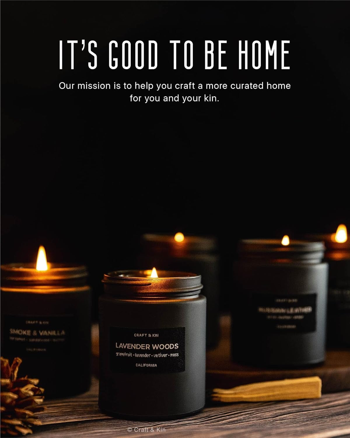 Craft & Kin Premium Pine & Clove Candle | Black Scented Candles for Home | Long Lasting with 45 Hour Burn Time, 7.6Oz | Made with Soy | Aromatherapy at Home | Gifts for Men