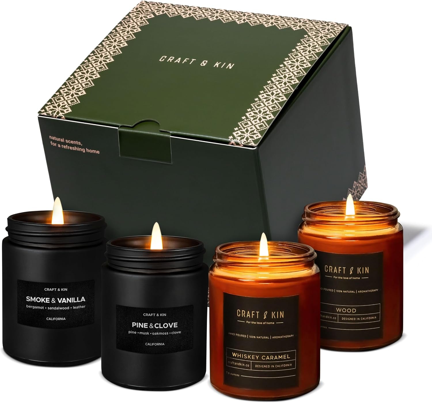Craft & Kin Premium Pine & Clove Candle | Black Scented Candles for Home | Long Lasting with 45 Hour Burn Time, 7.6Oz | Made with Soy | Aromatherapy at Home | Gifts for Men