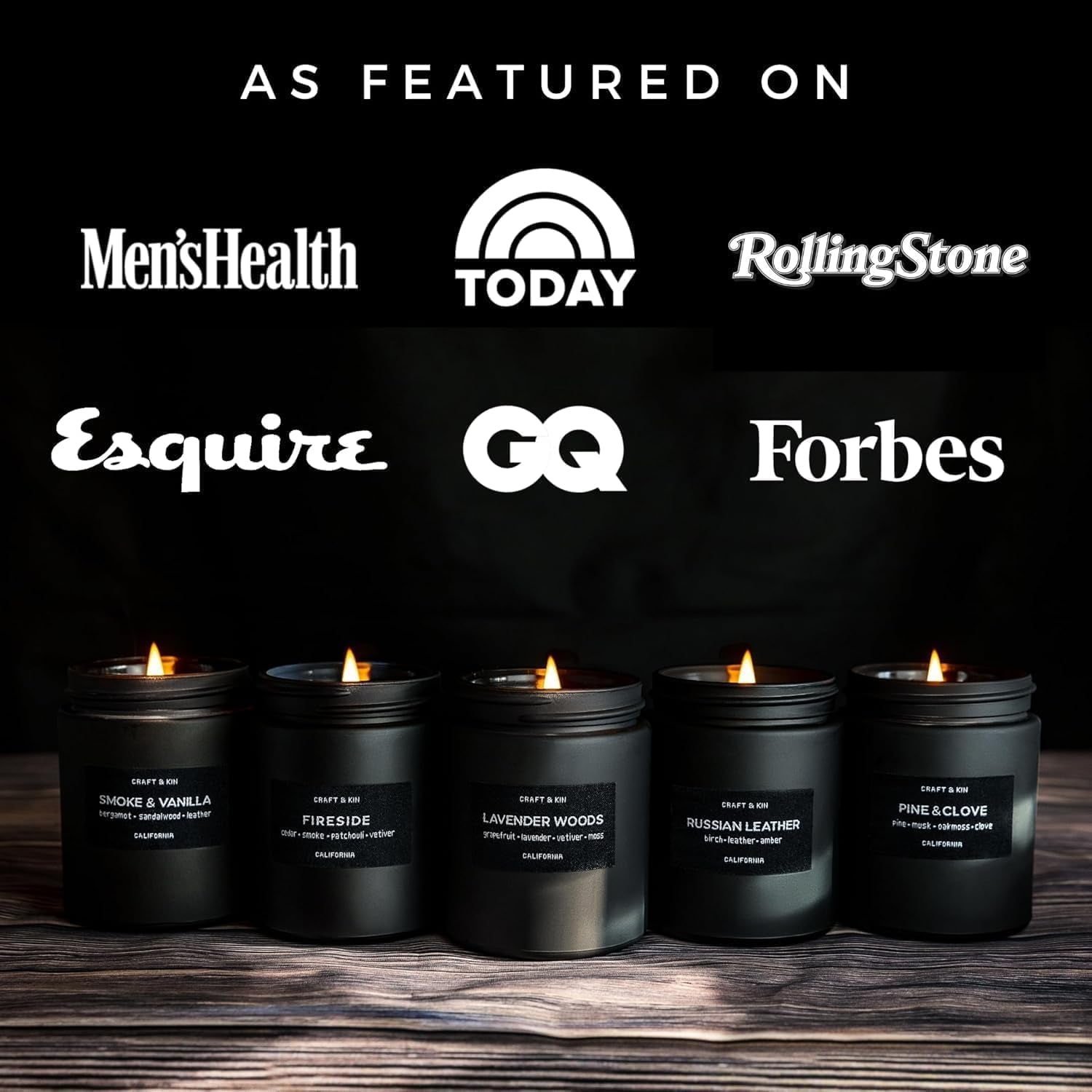 Craft & Kin Premium Pine & Clove Candle | Black Scented Candles for Home | Long Lasting with 45 Hour Burn Time, 7.6Oz | Made with Soy | Aromatherapy at Home | Gifts for Men